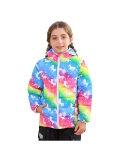 Enlifety Girls Puffer Jacket Cute Print Warm Puffy Coat Outwear with Pockets for Fall Winter Spring Size 4-12T