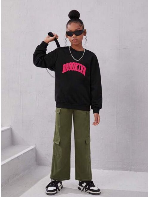 SHEIN Kids Cooltwn Big Girls' Casual Streetwear Solid Color Straight Leg Cargo Pants