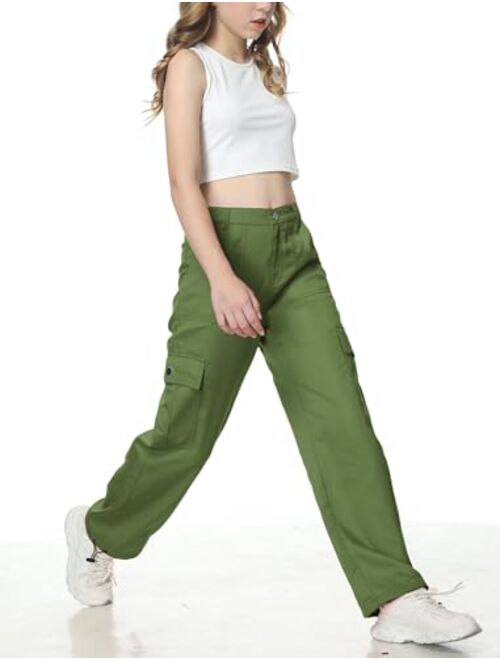 EXARUS Girls Youth Cargo Pants with Pockets Elastic Kids Loose Hip Hop Wide Leg Y2K Trousers 8-14 Years