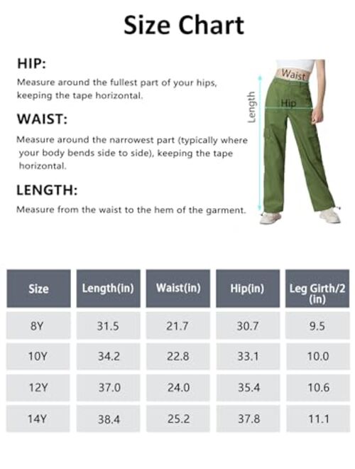 EXARUS Girls Youth Cargo Pants with Pockets Elastic Kids Loose Hip Hop Wide Leg Y2K Trousers 8-14 Years