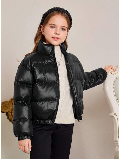 SHEIN Kids FANZEY Tween Girls' Woven Solid Color Thickened Loose Fit Short Jacket With Stand Collar For Casual