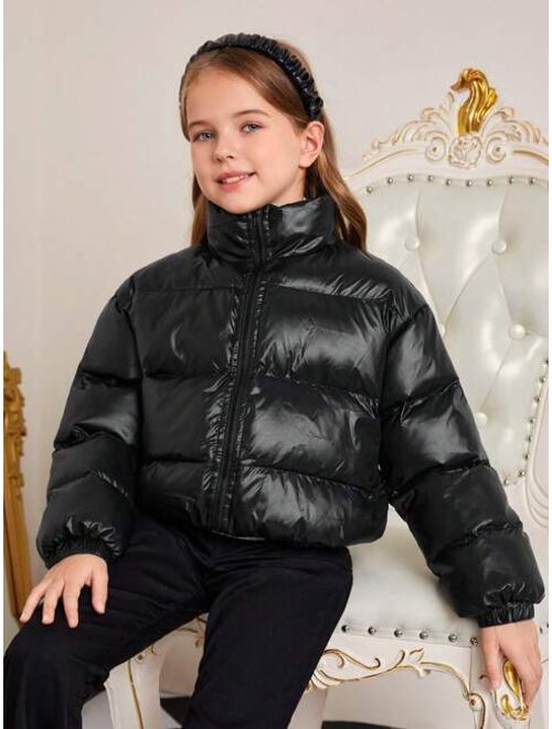 SHEIN Kids FANZEY Tween Girls' Woven Solid Color Thickened Loose Fit Short Jacket With Stand Collar For Casual