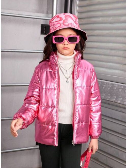 SHEIN Tween Girl Holographic Zipper Puffer Coat