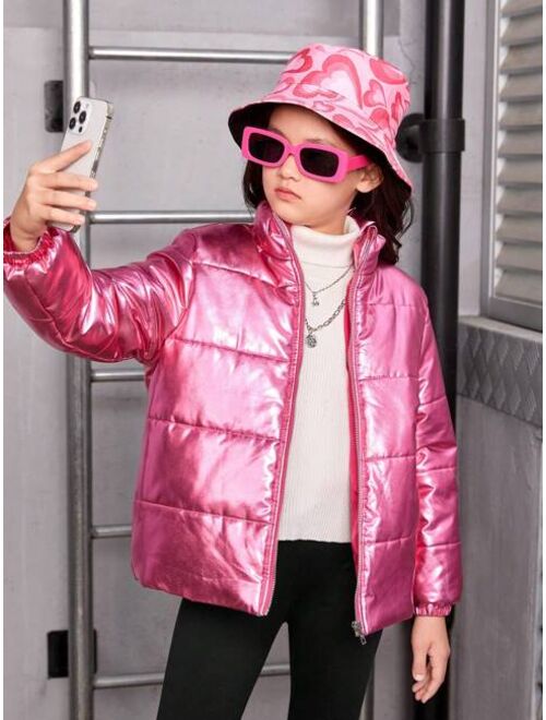 SHEIN Tween Girl Holographic Zipper Puffer Coat