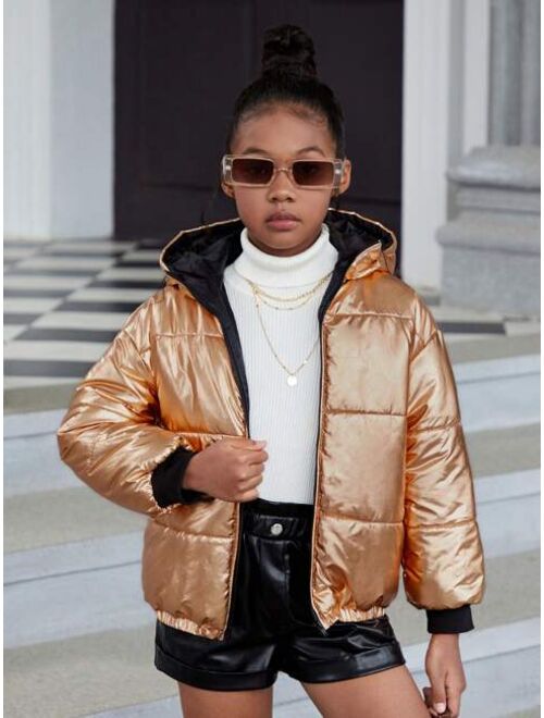 SHEIN Kids Cooltwn Tween Girl Zip Up Hooded Puffer Coat