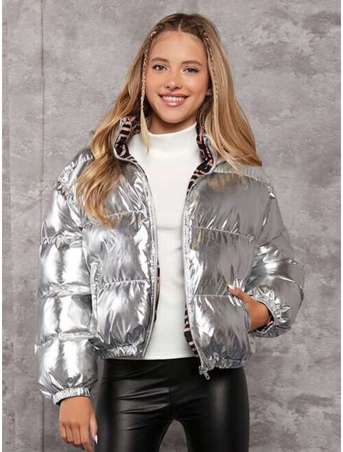 Shein Teen Girl Slant Pocket Puffer Coat
