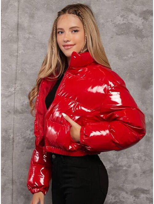 Shein Teen Girl Slant Pocket Zip Up Puffer Coat for Christmas