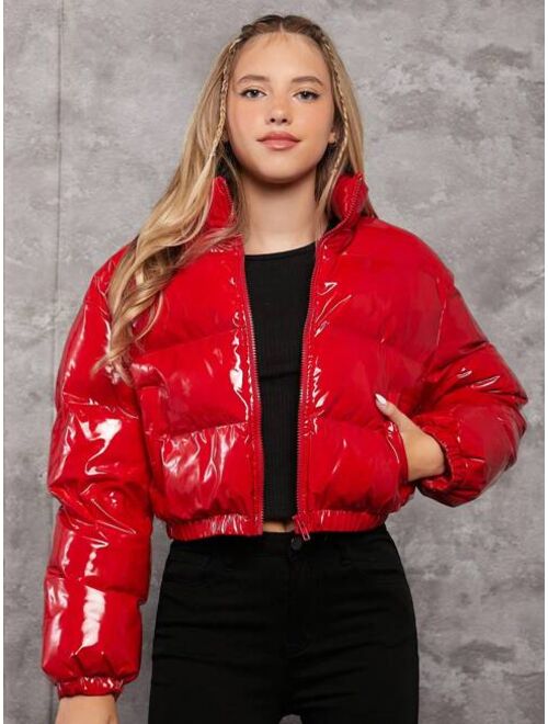 Shein Teen Girl Slant Pocket Zip Up Puffer Coat for Christmas