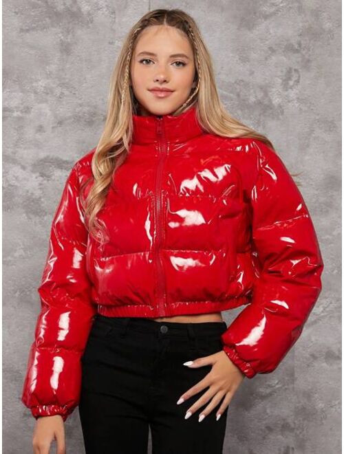 Shein Teen Girl Slant Pocket Zip Up Puffer Coat for Christmas