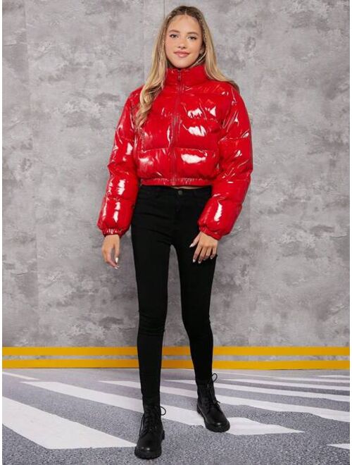 Shein Teen Girl Slant Pocket Zip Up Puffer Coat for Christmas