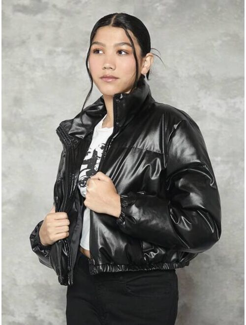SHEIN Teen Girl Zip Up Crop PU Leather Puffer Coat