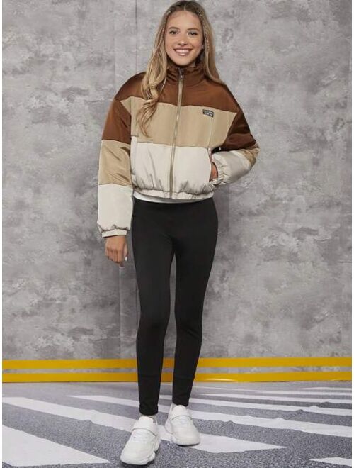 Shein Teen Girl Colorblock Letter Patched Detail Drop Shoulder Puffer Coat