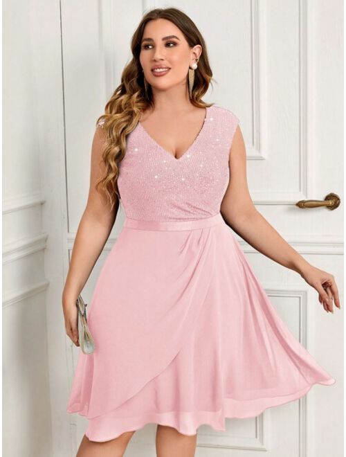 MIUSOL Plus Contrast Sequin Chiffon Wrap Hem Cocktail Party Swing Dress