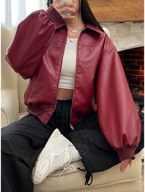SHEIN EZwear Drop Shoulder Zip Up PU Leather Jacket