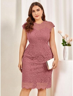 Plus Floral Full Lace Scallop Trim Cocktail Party Fitted Dress