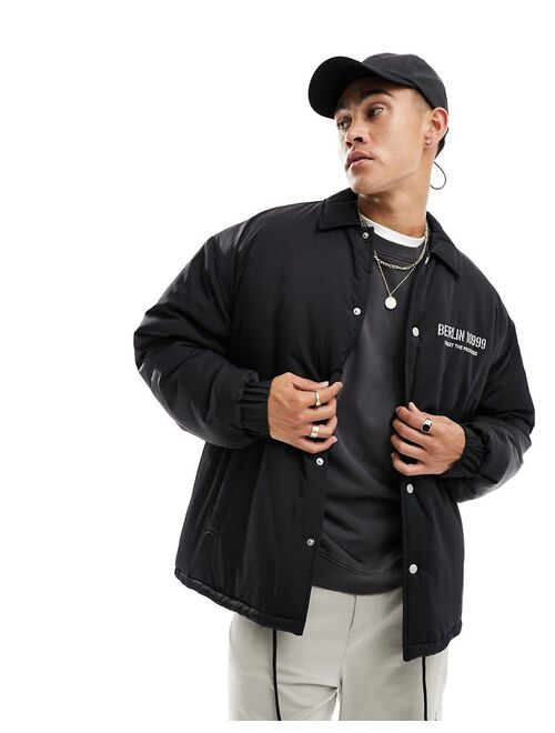 ASOS DESIGN oversized nylon coach jacket with back print in black and white