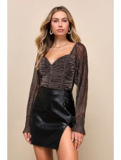 Iconic Approach Brown Plaid Mesh Lurex Ruched Long Sleeve Top