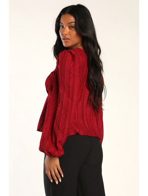 Lulus Spread the Cheer Wine Red Textured Square Neck Long Sleeve Top