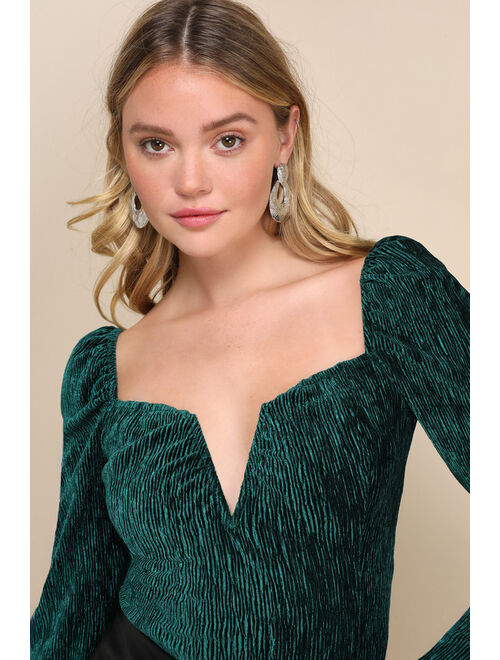 Lulus Incredibly Stunning Emerald Velvet Plisse Long Sleeve Top