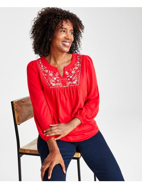 STYLE & CO Women's Embroidered Embellished Cotton Blouse, Created for Macy's