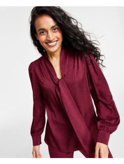 Women's Tie-Neck Long-Sleeve Satin Jacquard Top