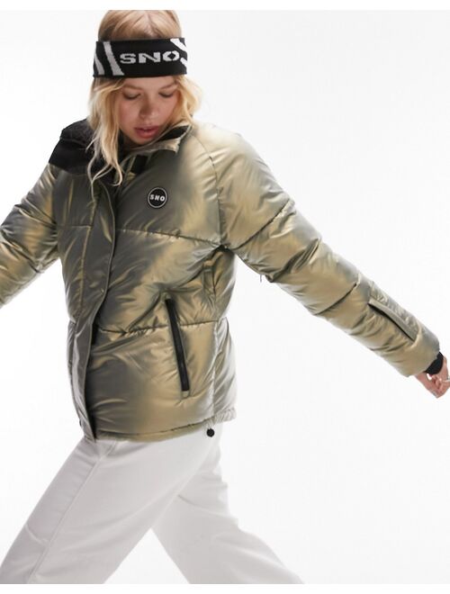 Topshop Sno high shine ski puffer jacket in gold metallic
