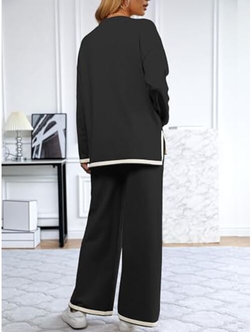 SuperPrity Women Sweater Set 2 or 3 Piece Outfits Short/Long Sleeve Knit Pullover Tops High Waist Wide Leg Pants Lounge Sets