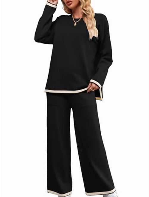 SuperPrity Women Sweater Set 2 or 3 Piece Outfits Short/Long Sleeve Knit Pullover Tops High Waist Wide Leg Pants Lounge Sets