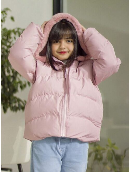 SHEIN Tween Girl 1pc Zip Up Hooded Puffer Coat With Bag