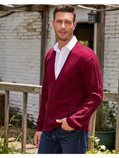 Kallspin Men's Cardigan Sweater Wool Blend Cable Knit V Neck Buttons Cardigan with Pockets