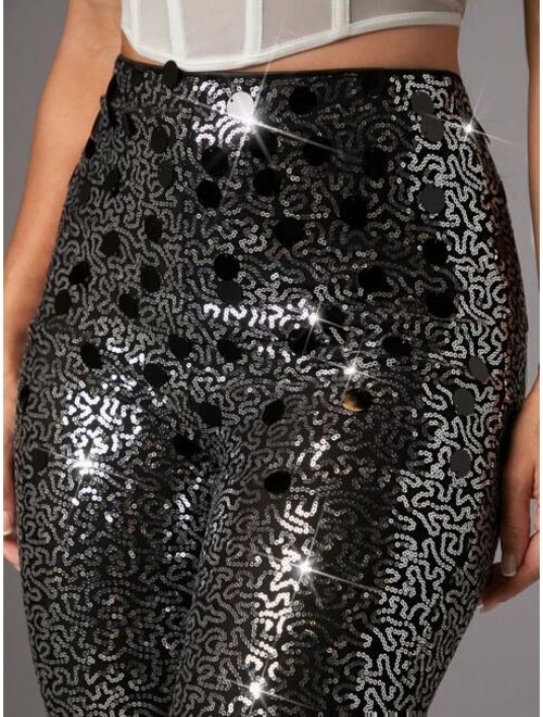 SHEIN BAE Christmas Sequin Flare Leg Pants