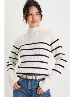 Confident Poise White Striped Mock Neck Pullover Sweater