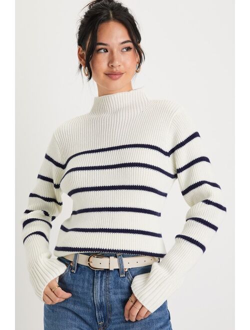 Lulus Confident Poise White Striped Mock Neck Pullover Sweater