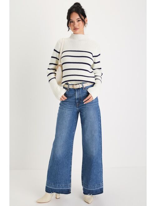 Lulus Confident Poise White Striped Mock Neck Pullover Sweater