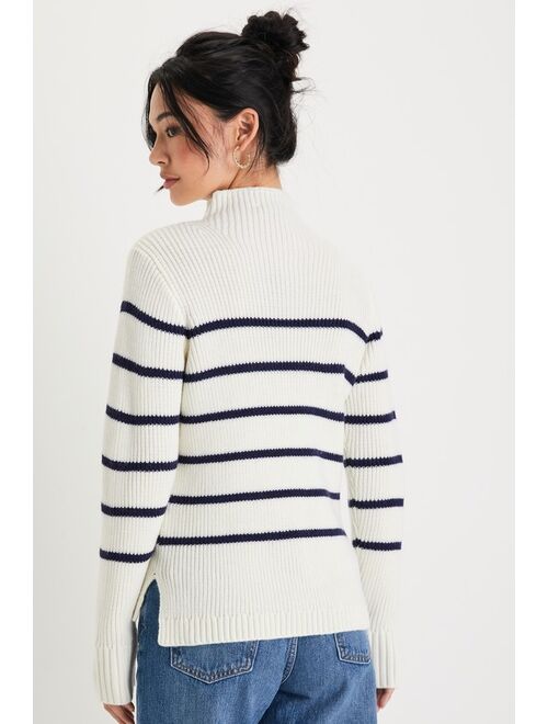 Lulus Confident Poise White Striped Mock Neck Pullover Sweater