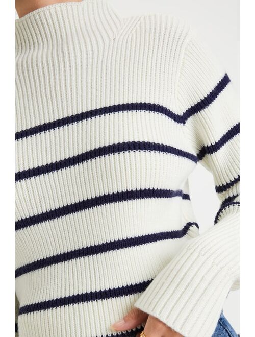 Lulus Confident Poise White Striped Mock Neck Pullover Sweater