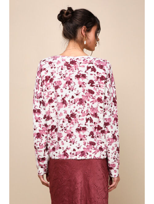 Lulus Easily Darling Ivory and Burgundy Floral Print Pullover Sweater