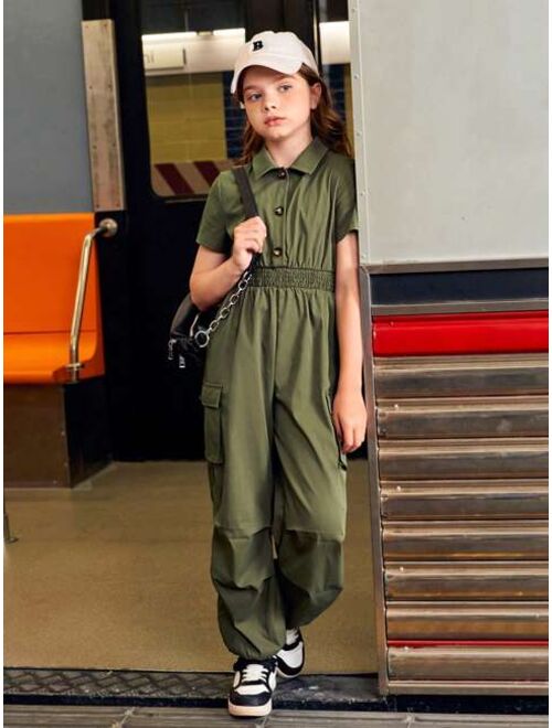 SHEIN Tween Girls' Preppy Style Casual Solid Green Utility Jumpsuit With Weave Fabric