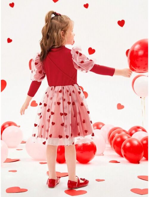 SHEIN Kids QTFun Little Girls' Cute Heart Mesh Long Sleeve Dress For Autumn/winter