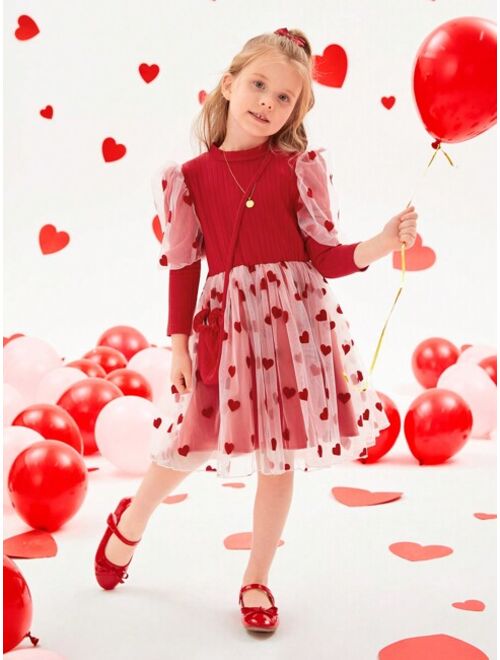 SHEIN Kids QTFun Little Girls' Cute Heart Mesh Long Sleeve Dress For Autumn/winter