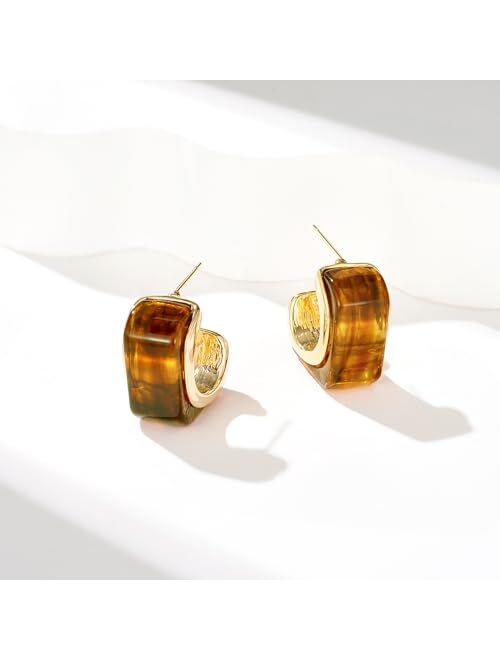 KissYan Acrylic Teardrop Earrings for Women, 14K Gold Plated Resin Chunky Hoop Earrings, Lightweight Hollow Open Drop Hoops Translucent Hypoallergenic Vintage Fashion Jew