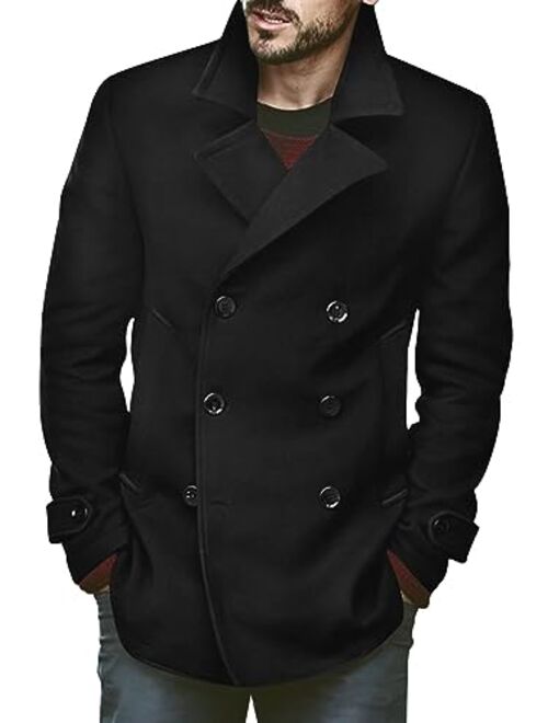 Bbalizko Mens Classic Pea Coat Notched Collar Slim Fit Double Breasted Winter Warm Heavyweight Trench Coats