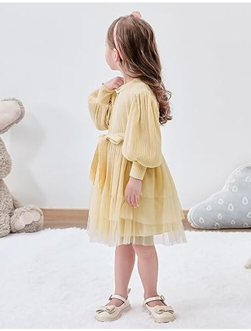 Goodstoworld Toddler Girl Tulle Dress Puff Long Sleeves Tutu Dresses with Tie Belt for Princess Brithday Party 1-6T