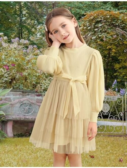 Goodstoworld Toddler Girl Tulle Dress Puff Long Sleeves Tutu Dresses with Tie Belt for Princess Brithday Party 1-6T