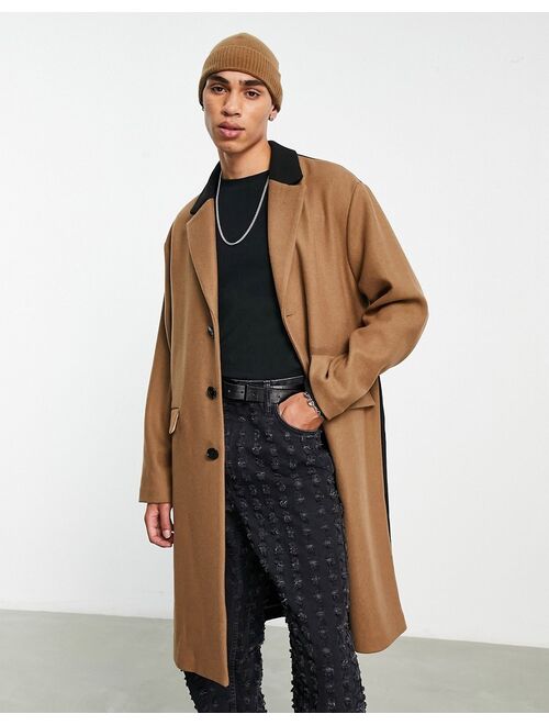 Topman unlined over coat with color block in stone and black