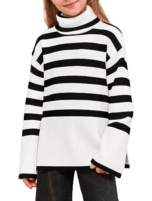 Meikulo Girls Striped Sweaters Kids Oversized Turtleneck Long Sleeve Pullover Knit Sweater Tops with Side Slit
