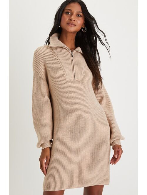 Lulus Comfy Moments Beige Quarter-Zip Mini Sweater Dress
