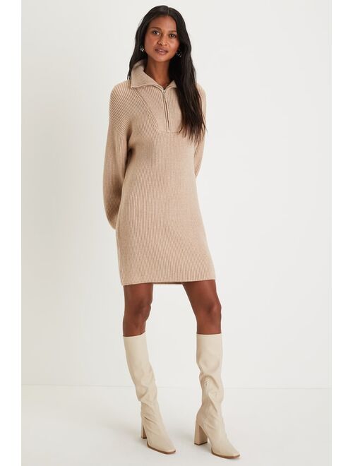 Lulus Comfy Moments Beige Quarter-Zip Mini Sweater Dress