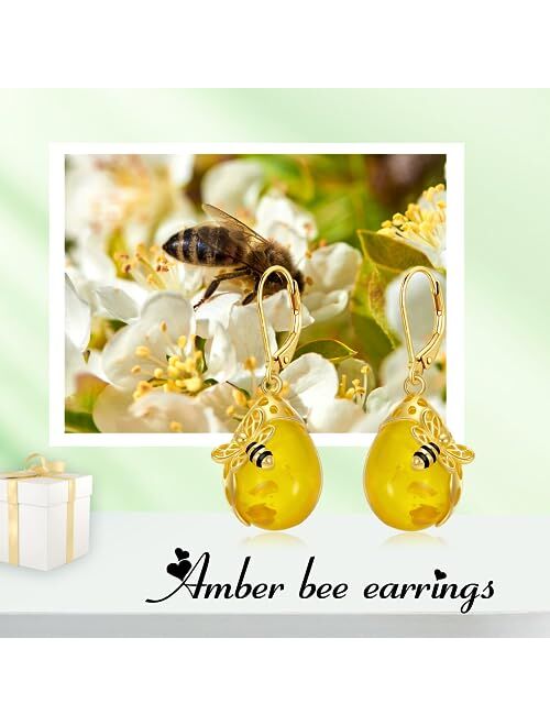 Vonala Amber Earrings for Women Bee Amber Teardrop Earrings Honey Bee Dangle Drop Earrings Natural Stone Amber Jewelry for Women Teens Girls Birthday