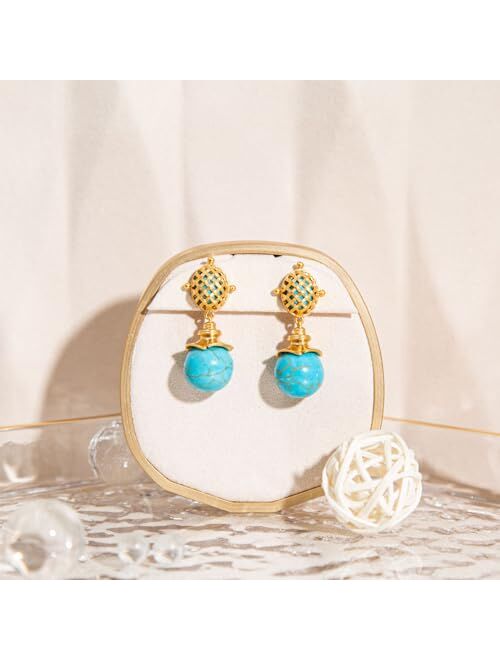 POSUR Turquoise Grape Leaf Beaded Balls Dangle 14K Gold Plated Earings for Women Gold Silver Drop Earings for Teen Girls Gifts